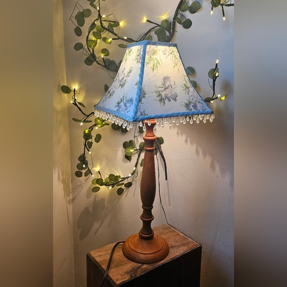 Laura Ashley Other - Laura Ashley 2003 Wood Lamp Crystal Drops Floral Shade Lavendar Violet The Fabri